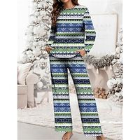 Women's Christmas Pajamas Sets Geometic Color Combo Warm Retro Comfort Home Christmas Daily Polyester Gift Crew Neck Long Sleeve T shirt Tee Fall Winter Yellow Green Lightinthebox - thumbnail