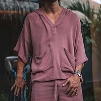 Men's Linen Set T-shirt Suits 2 Pieces Outfits Plain Hooded Daily Wear Vacation Short Sleeve 2 Piece Front Pocket Clothing Apparel Linen Cotton Blend Fashion Casual Lightinthebox