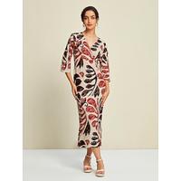 Satin Trees Leaves Print V Neck Maxi Dress - thumbnail