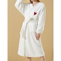 Women's Fleece Pajamas Robe Bathrobe Heart Plush Casual Comfort Home Daily Bed Coral Fleece Coral Velvet Warm V Wire Long Sleeve Pocket Embroidery Fall Winter White Lightinthebox - thumbnail