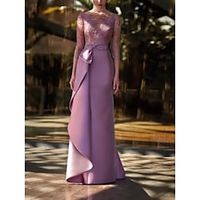 Sheath  Column Mother of the Bride Dress Party Open Back High Neck Sweep  Brush Train Stretch Fabric 34 Length Sleeve with Bow(s) Pleats Beading 2023 Lightinthebox - thumbnail