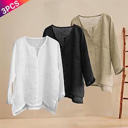 Multi Packs 3pcs Men's V Neck Long Sleeve blackwhitekhaki Shirt Linen Shirt Summer Shirt Plain Daily Wear Vacation Cotton Blend Spring Summer Lightinthebox