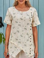 Womens Floral Print Round Neck Short Sleeve Shirt