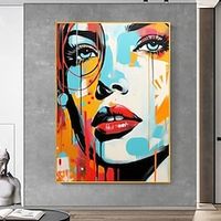 Blue And Orange Woman Portrait Wall Art Hand painted Abstract Girl Painting Home Decor Girl Face Girl's Room Home Decor Stretched Frame Ready to Hang Lightinthebox