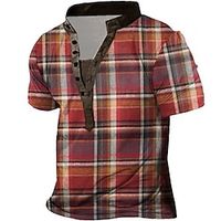 Men's T shirt Tee Henley Shirt Tee 3D Print Plaid Graphic Plus Size Stand Collar Daily Sports Button-Down Print Short Sleeve Tops Designer Basic Casual Big and Tall Red  Summer Lightinthebox - thumbnail