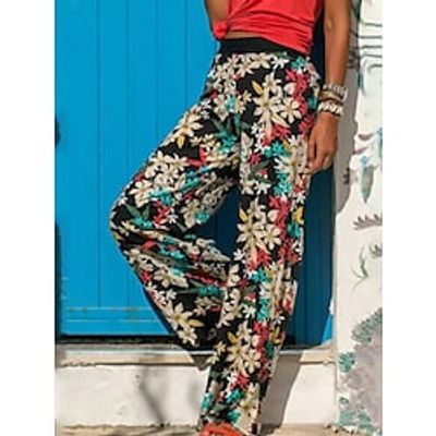 Women's Wide Leg Pants Trousers Black White Fashion Vacation Wide Leg Full Length Comfort Floral S M L XL 2XL Lightinthebox