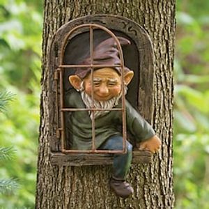 Mini Garden Crafts Decoration Gnome Leave The Window Whimsical Tree Sculpture Garden Decoration Garden Gnome Outdoor Ornament miniinthebox