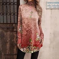 Women's T shirt Tee Red Blue Green Floral Print Long Sleeve Holiday Weekend Fashion High Neck Regular Fit Floral Painting Spring   Fall Lightinthebox