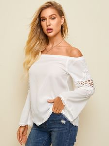 YOINS White Lace Details Off The Shoulder Long Sleeves Blouse