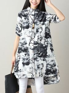 Vintage Lapel Printed Long Blouse