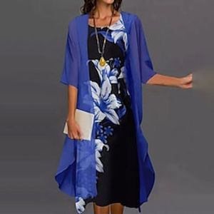 Women's Dress Set Two Piece Dress Shift Dress Midi Dress Red Blue Purple 3/4 Length Sleeve Floral Print Summer Spring Round Neck Stylish Loose Fit 2023 M L XL XXL 3XL miniinthebox