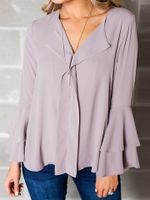 Casual Solid Flare Sleeve V-Neck Chiffon Blouse