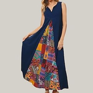 Women's A Line Dress Maxi long Dress Dark Blue Sleeveless Floral Geometric Fake two piece Print Spring Summer V Neck Casual Vintage 2022 S M L XL XXL Lightinthebox