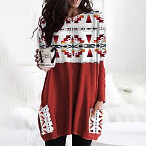 Women's T Shirt Dress Tee Dress Short Mini Dress Red Long Sleeve Geometric Pocket Print Fall Winter Round Neck Casual 2021 S M L XL XXL 3XL Lightinthebox