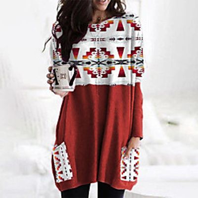 Women's T Shirt Dress Tee Dress Short Mini Dress Red Long Sleeve Geometric Pocket Print Fall Winter Round Neck Casual 2021 S M L XL XXL 3XL Lightinthebox
