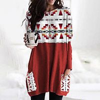 Women's T Shirt Dress Tee Dress Short Mini Dress Red Long Sleeve Geometric Pocket Print Fall Winter Round Neck Casual 2021 S M L XL XXL 3XL Lightinthebox - thumbnail
