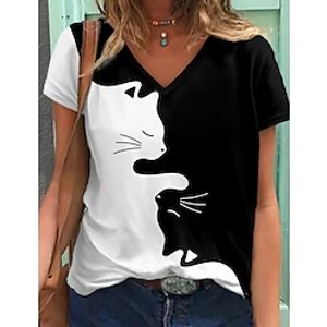 Women's T shirt Tee Black Graphic Color Block Print Short Sleeve Daily Weekend Basic V Neck Regular 3D Cat S Lightinthebox