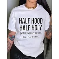 Plus Size Casual T-shirt, Women's Plus Slogan Print Short Sleeve Round Neck Medium Stretch T-shirt miniinthebox