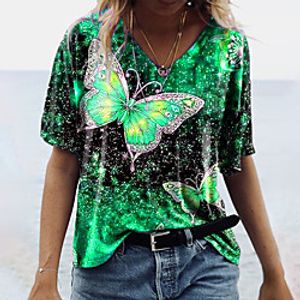 Women's Butterfly T shirt Butterfly Animal Print V Neck Basic Tops Blue Purple Yellow miniinthebox