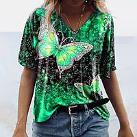 Women's Butterfly T shirt Butterfly Animal Print V Neck Basic Tops Blue Purple Yellow miniinthebox - thumbnail