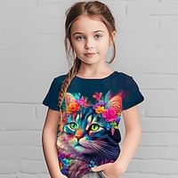 Girls' T shirt Short Sleeve T shirt Tee Graphic Cartoon Cat 3D Print Active Fashion Cute Polyester Outdoor Casual Daily Kids Crewneck 3-12 Years 3D Printed Graphic Regular Fit Shirt Lightinthebox - thumbnail