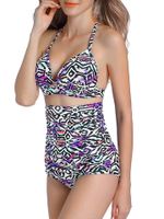 Sexy Printed Halter Deep V Backless High Waist Bikini