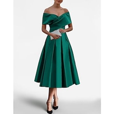 A-Line Cocktail Dresses Elegant Dress Wedding Guest Tea Length Short Sleeve Off Shoulder Satin with Pocket 2023 Lightinthebox