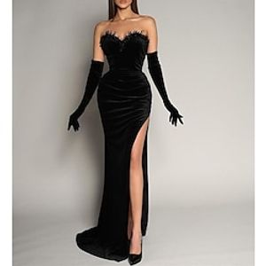 Mermaid Black Dress Evening Gown Vintage Dress Formal Masquerade Sweep  Brush Train Sleeveless Strapless Gothic Velvet with Ruched Slit 2023 Lightinthebox