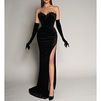 Mermaid Black Dress Evening Gown Vintage Dress Formal Masquerade Sweep  Brush Train Sleeveless Strapless Gothic Velvet with Ruched Slit 2023 Lightinthebox - thumbnail