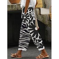 Women's Pants Trousers Linen Cotton Blend Floral Plaid Black White Casual Daily Full Length Going out Weekend Summer Spring Lightinthebox