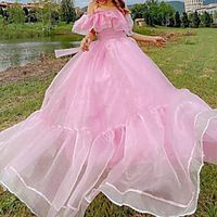 Ball Gown Minimalist Cute Quinceanera Prom Dress Off Shoulder Short Sleeve Floor Length Organza with Ruffles 2021 miniinthebox - thumbnail