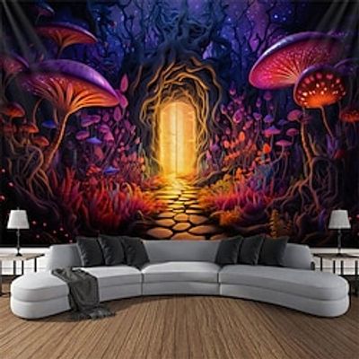 Blacklight Tapestry UV Reactive Glow in the Dark Mushroom Road Door Trippy Misty Nature Landscape Hanging Tapestry Wall Art Mural for Living Room Bedroom Lightinthebox