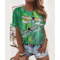 Women's Painting T shirt Graphic Print Round Neck Basic Tops Green miniinthebox - thumbnail