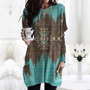 Women's T shirt Tee Tunic Blue Brown Graphic Geometric Pocket Print Long Sleeve Casual Vintage Ethnic Round Neck Long S Lightinthebox