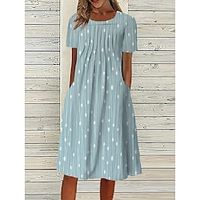 Women's Casual Dress Summer Dress Print Dress Floral Geometric Ruched Pocket Crew Neck Midi Dress Active Fashion Outdoor Street Short Sleeve Regular Fit Pink Navy Blue Royal Blue Summer Spring S M L Lightinthebox