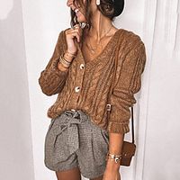Women's Cardigan Knitted Solid Color Stylish Long Sleeve Sweater Cardigans V Neck Fall Brown miniinthebox - thumbnail