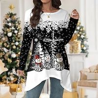 Women's T shirt Tee Christmas Shirt Snowman Snowflake Black Flowing tunic Print Long Sleeve Christmas Weekend Festival / Holiday Round Neck Regular Fit Spring   Fall miniinthebox - thumbnail