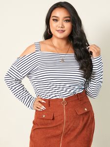 YOINS Plus Size Cold Shoulder Striped Long Sleeves Tee