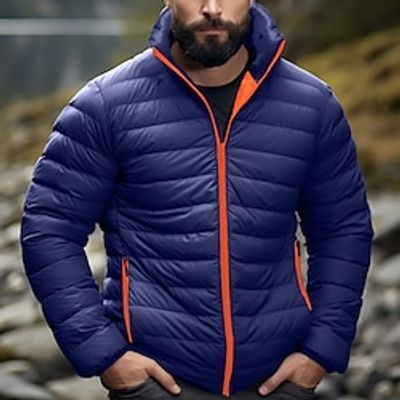 Men's Winter Coat Winter Jacket Puffer Jacket Zipper Pocket Polyster Outdoor Date Casual Daily Regular Fashion Casual Windproof Warm Winter Plain Black Red Dark Blue Light Sky Blue Puffer Jacket miniinthebox