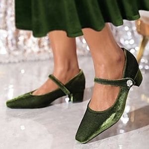 Women's Heels Wedding Shoes Slip-Ons Suede Shoes Mary Jane Party Valentine's Day New Year Wedding Heels Rhinestone Chunky Heel Square Toe Elegant Comfort Minimalism Velvet Loafer Dark Brown Pink Green Lightinthebox