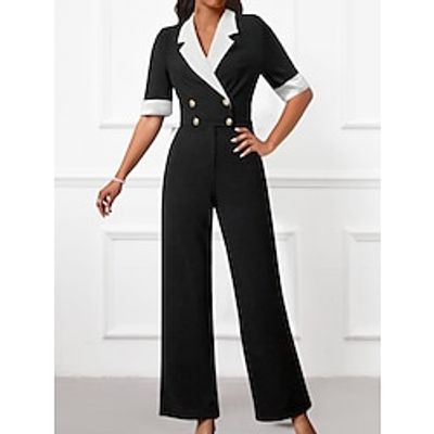 Women's Jumpsuit Solid Color Shirt Collar Elegant Office Work Wide Leg Regular Fit Short Sleeve Black Royal Blue S M L All Seasons Lightinthebox