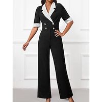 Women's Jumpsuit Solid Color Shirt Collar Elegant Office Work Wide Leg Regular Fit Short Sleeve Black Royal Blue S M L All Seasons Lightinthebox - thumbnail