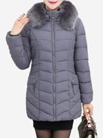 Women Solid Faux Fur Hooded Down Coat