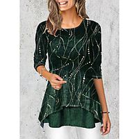 Women's Christmas Blouse Shirt Galaxy Print Round Neck Christmas Tops Blue Purple Wine miniinthebox - thumbnail