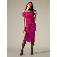 Sequin Detachable Strap Rose Red Party Midi Dress - thumbnail