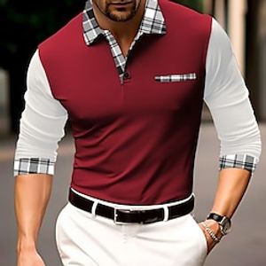 Men's Polo Shirt Button Up Polos Casual Sports Lapel Long Sleeve Fashion Basic Plaid Color Block Patchwork Pocket Spring   Fall Regular Fit Black Red Blue Polo Shirt Lightinthebox