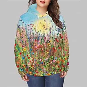 Women's Plus Size Tops Hoodie Sweatshirt Floral Graphic Print Long Sleeve V Neck Streetwear Fall Winter Blue Yellow Green Big Size XL XXL 3XL 4XL 5XL miniinthebox