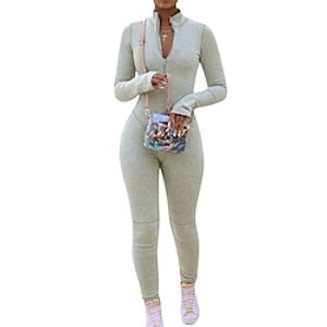 Women's Jumpsuit Solid Color Stand Collar Streetwear Regular Fit Long Sleeve Green Wine Gray S M L Fall Lightinthebox