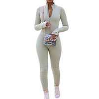 Women's Jumpsuit Solid Color Stand Collar Streetwear Regular Fit Long Sleeve Green Wine Gray S M L Fall Lightinthebox - thumbnail