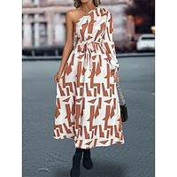 Women's Casual Dress Swing Dress Geometric Print Lace up One Shoulder Long Dress Maxi Dress Fashion Streetwear Outdoor Street Long Sleeve Loose Fit Black Orange Fall Winter S M L XL Lightinthebox - thumbnail